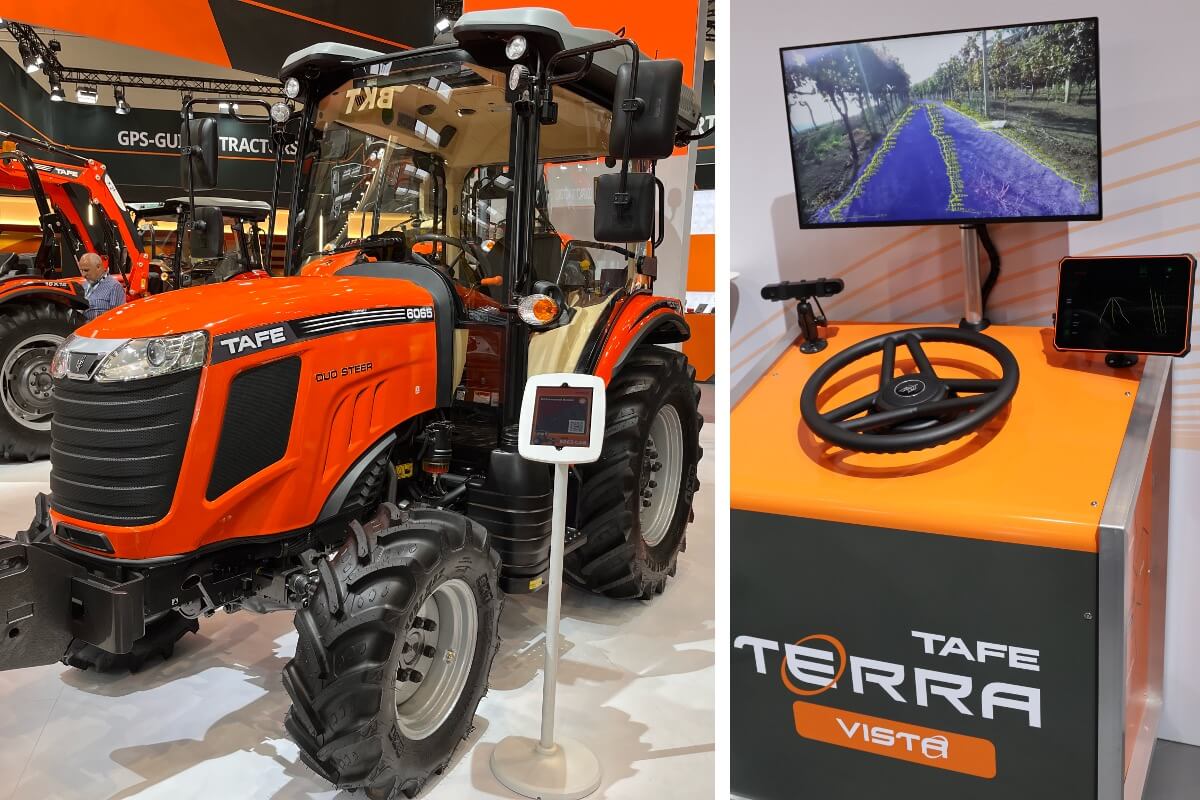 A sinistra il nuovo Tafe 6065 cabinato da 65 cavalli e a destra il nuovo sistema di guida Terra Vista per vigneto